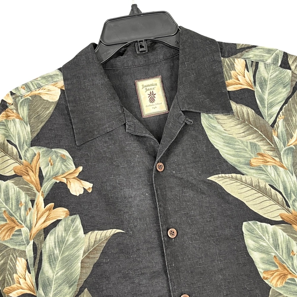 Jamaica Jaxx Shirt Mens Medium Black Floral Silk Short‎ Sleeve Button Up Aloha